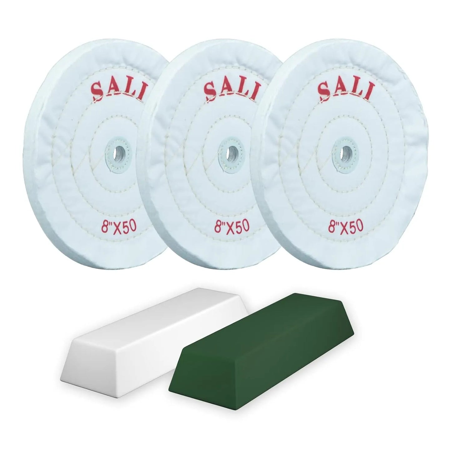 SALI 3 Pack Polishing Wheel for Bench Grinder Buffing Wheel 8 inch White Cotton (50 Ply) for Buffer Polisher Fine Polish Pad 5/8'' Arbor Hole with Polishing Compound Kit
