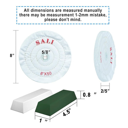SALI 3 Pack Polishing Wheel for Bench Grinder Buffing Wheel 8 inch White Cotton (50 Ply) for Buffer Polisher Fine Polish Pad 5/8'' Arbor Hole with Polishing Compound Kit