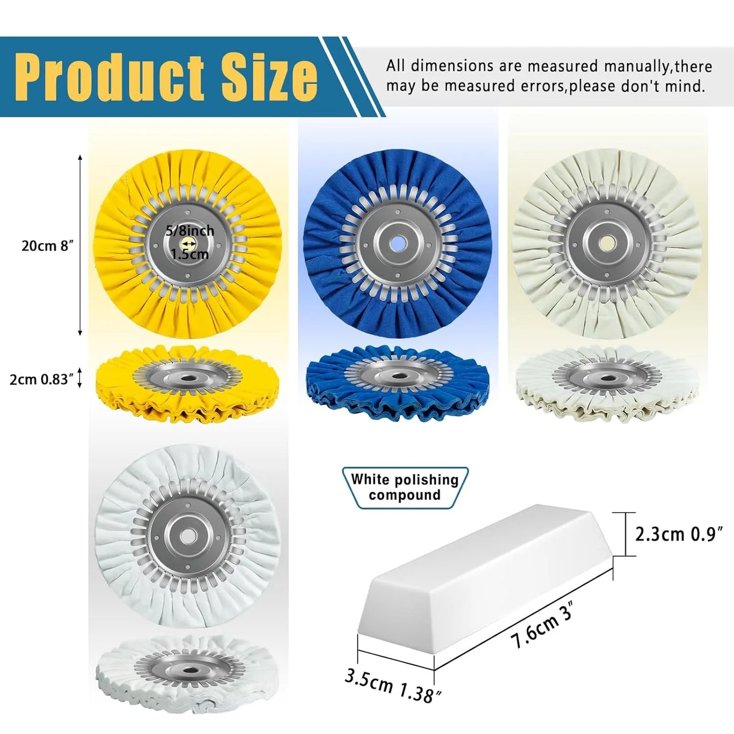 SALI Airway Buffing Wheel Kit 8 Inch Polishing Wheel Diameter 5/8" in Arbor Hole 12 Ply for Angle Grinder with Buffing Compound Kit Used On Angle Grinder for Metal, Car, Wood, Plastic