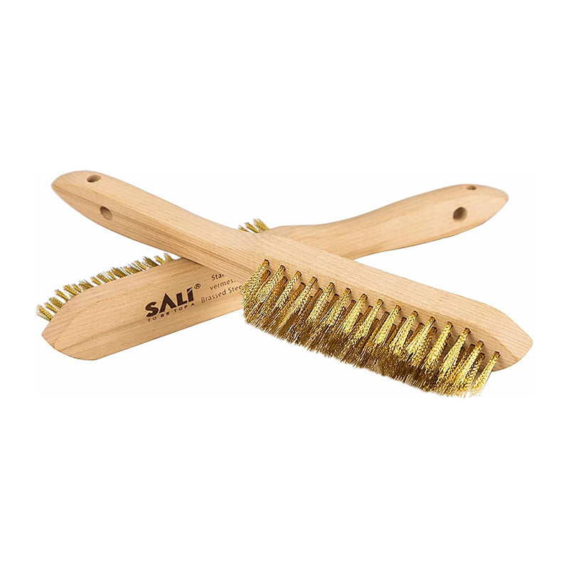 SALI Heavy Duty Copper Plated Steel Brushes - for Rust Removal, Automotive Cleaning, Welding Slag, Grill & Household Use, 11" Curved Beechwood Handle, 14X4 Rows Bristles (Pack of 2)
