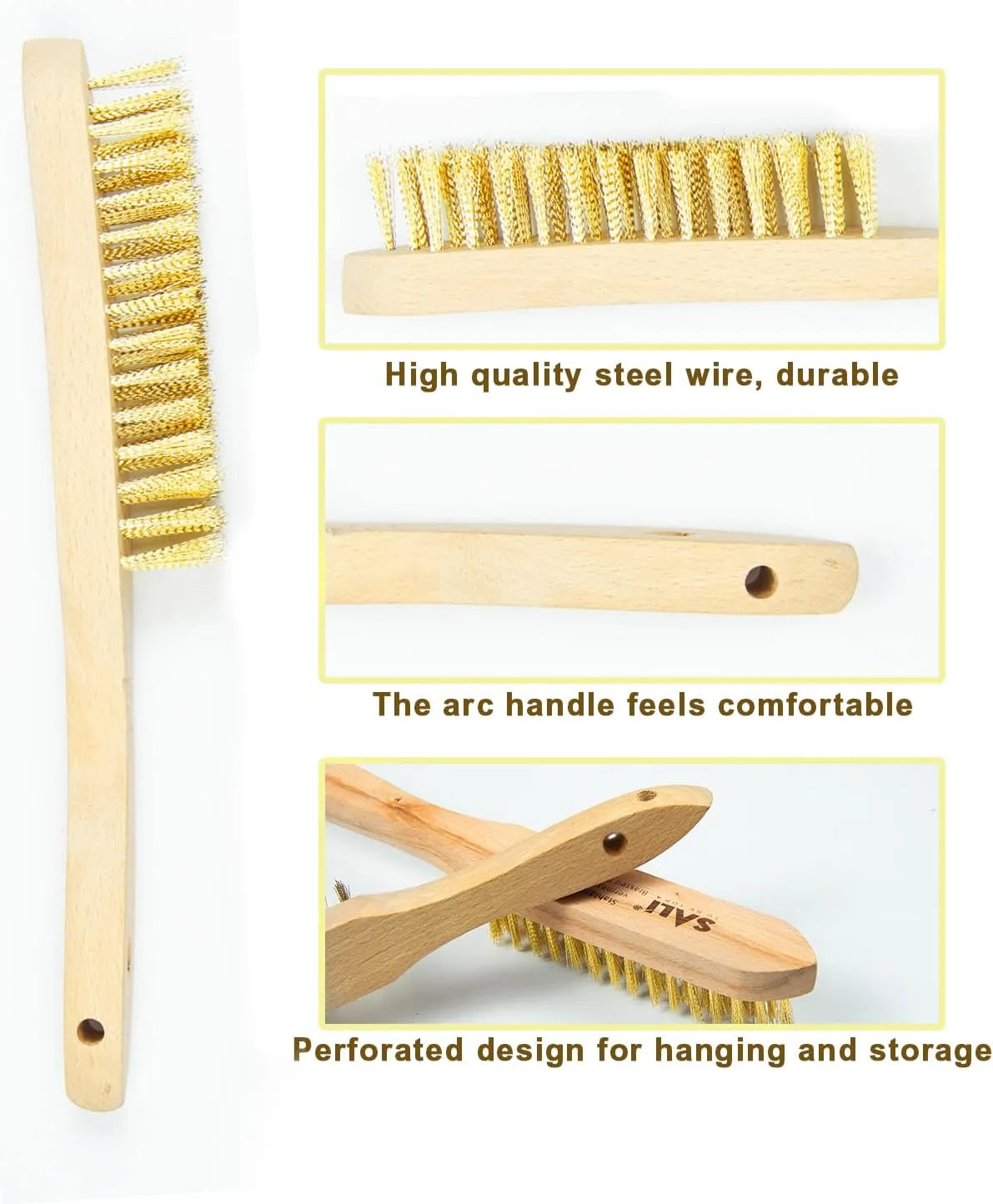 SALI Heavy Duty Copper Plated Steel Brushes - for Rust Removal, Automotive Cleaning, Welding Slag, Grill & Household Use, 11" Curved Beechwood Handle, 14X4 Rows Bristles (Pack of 2)