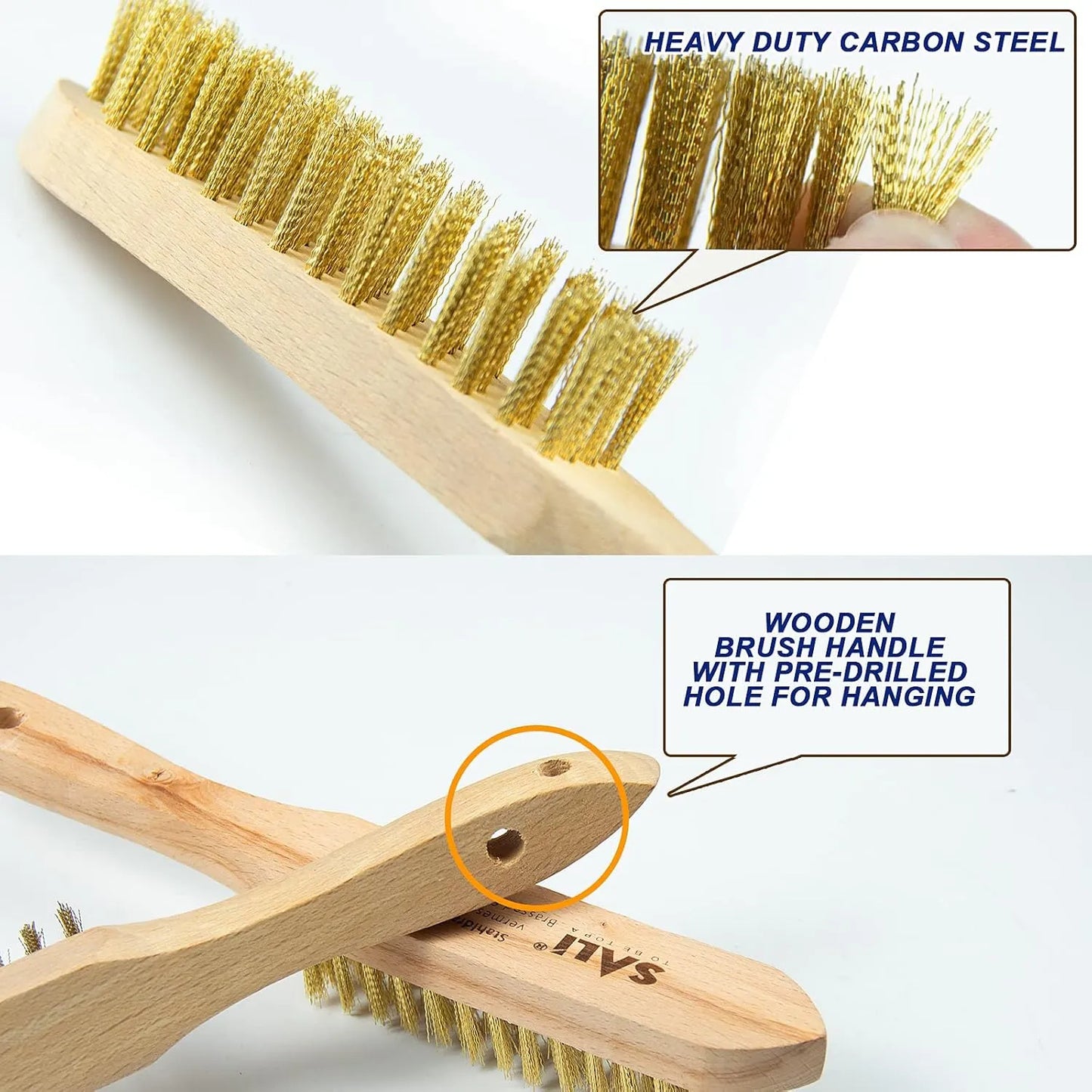 SALI Heavy Duty Copper Plated Steel Brushes - for Rust Removal, Automotive Cleaning, Welding Slag, Grill & Household Use, 11" Curved Beechwood Handle, 14X4 Rows Bristles (Pack of 2)
