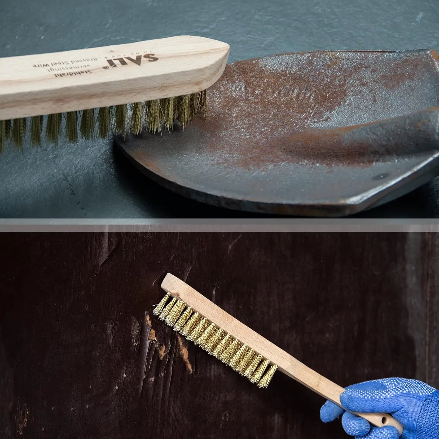 SALI Heavy Duty Copper Plated Steel Brushes - for Rust Removal, Automotive Cleaning, Welding Slag, Grill & Household Use, 11" Curved Beechwood Handle, 14X4 Rows Bristles (Pack of 2)