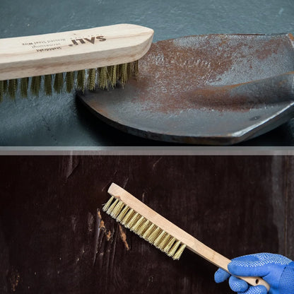 SALI Heavy Duty Copper Plated Steel Brushes - for Rust Removal, Automotive Cleaning, Welding Slag, Grill & Household Use, 11" Curved Beechwood Handle, 14X4 Rows Bristles (Pack of 2)