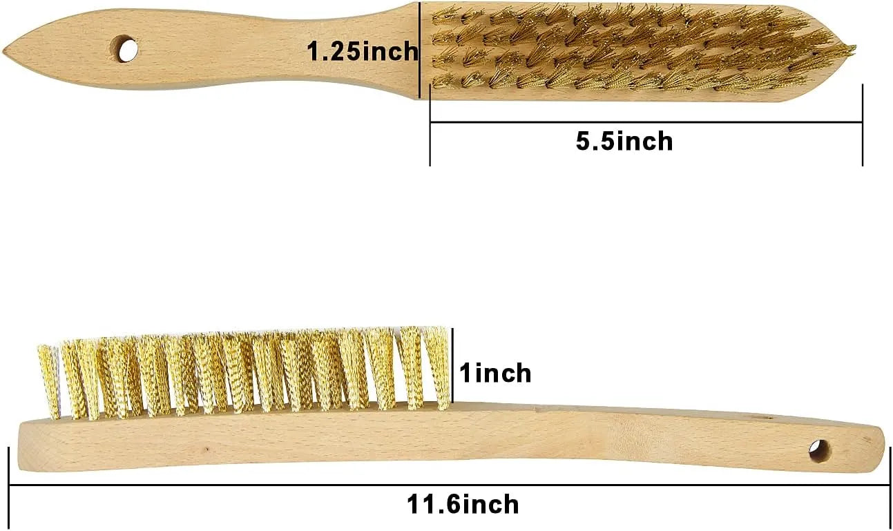 SALI Wire Brushes for Cleaning Rust Removal Plated Copper Bristles Tool for Automotive,Paint , Welding Slag,Grill,Household Clean 11" Long Curved Beechwood Handle , 14X4 Rows Bristles Pack of 12