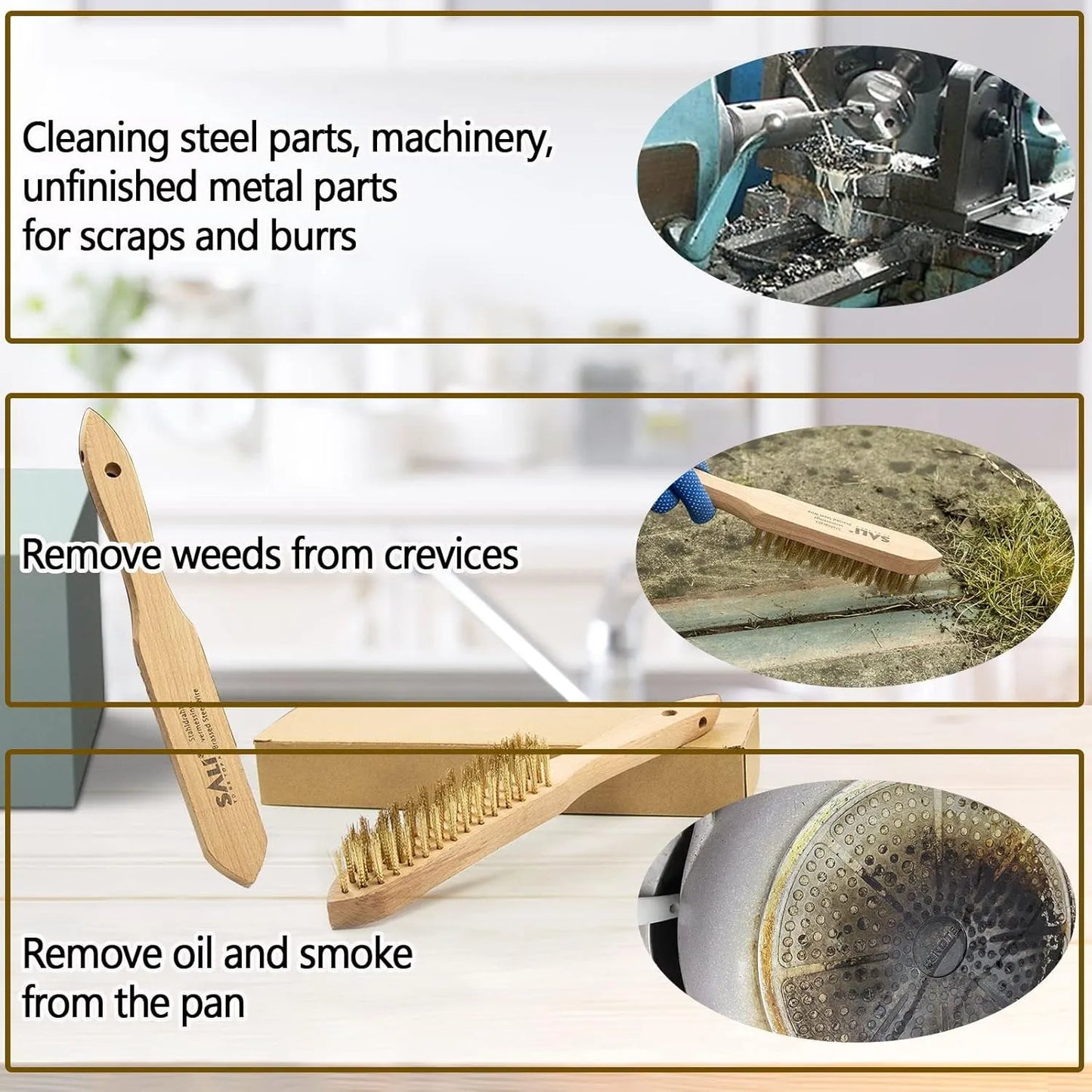 SALI Wire Brushes for Cleaning Rust Removal Plated Copper Bristles Tool for Automotive,Paint , Welding Slag,Grill,Household Clean 11" Long Curved Beechwood Handle , 14X4 Rows Bristles Pack of 12