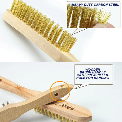 SALI Wire Brushes for Cleaning Rust Removal Plated Copper Bristles Tool for Automotive,Paint , Welding Slag,Grill,Household Clean 11" Long Curved Beechwood Handle , 14X4 Rows Bristles Pack of 12