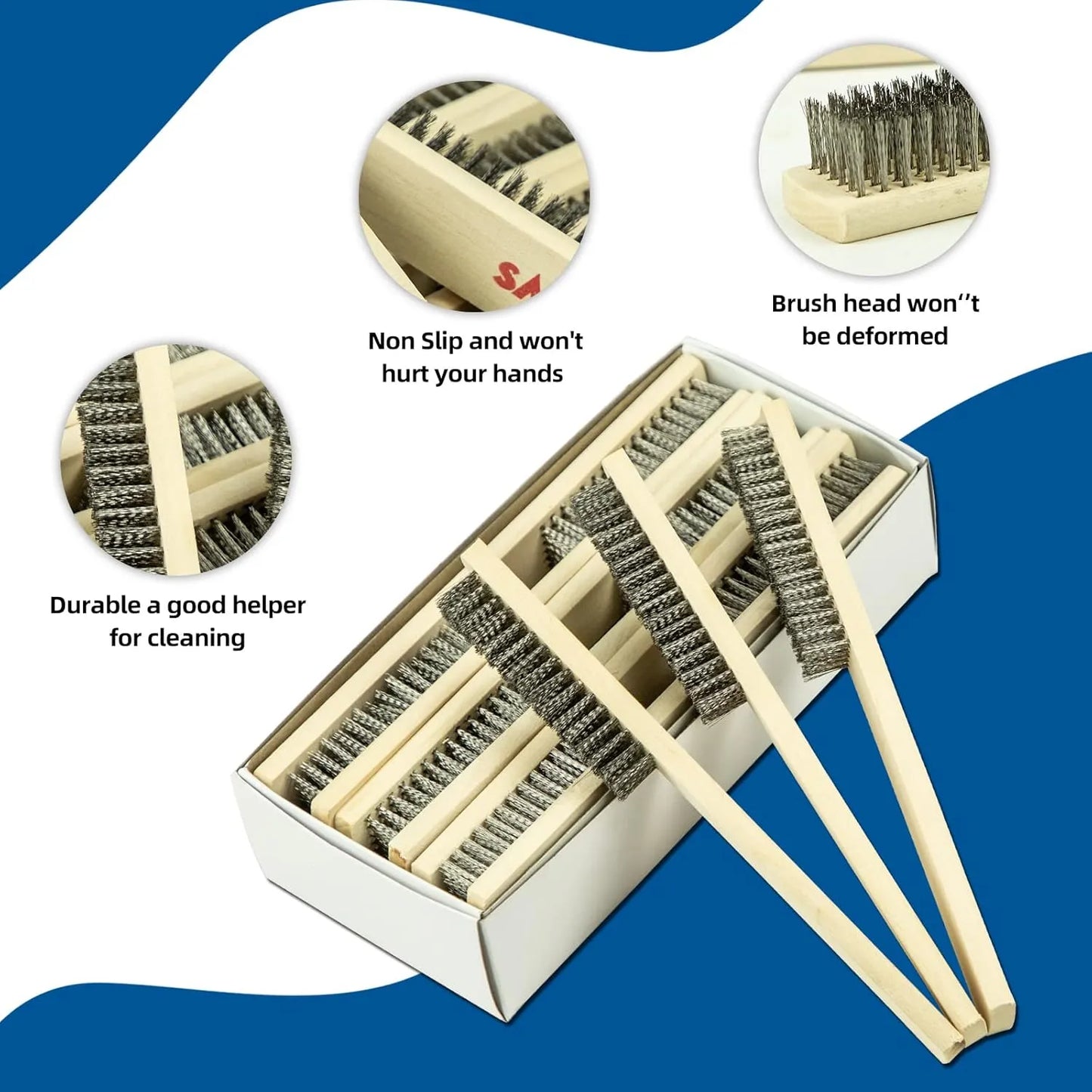 SALI 12pcs Wire Brushes for Cleaning Rust Removal Stainless Steel Bristles with Curved Beechwood Handle Grip for Dirt & Paint Scrubbing Removing Unfinished Metal Parts, Paint Stains Household Clean