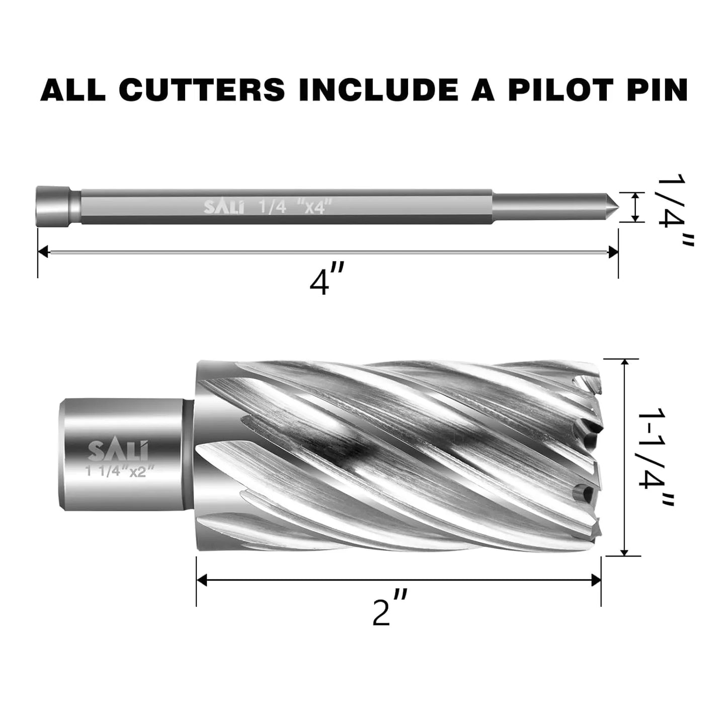 SALI Annular Cutter Diameter 1-1/4 Inch with Weldon Shank 3/4" (with 2 Flats) Cutting Depth 2" Mag Drill Bit for Magnetic Drill Press HSS Fully Ground Drill with One 1/4"*4" Pilot Pin