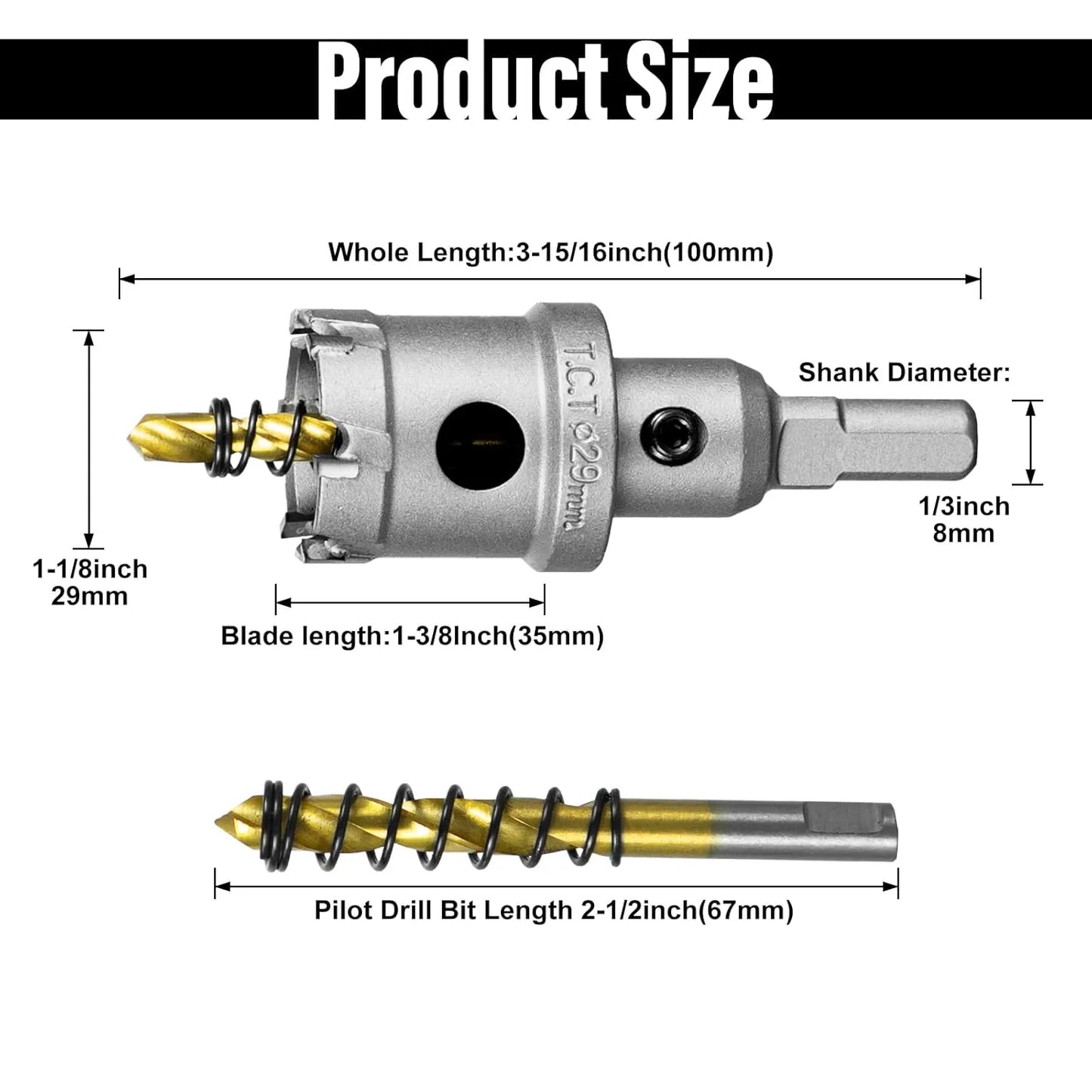 SALI 1-1/8" (29mm) TCT Hole Saw Kit Tungsten Carbide Tipped Hole Saw Drill Bit with Titanium-Plated Pilot Drill bit for Metal, Stainless Steel, Iron, Wood, Plastic