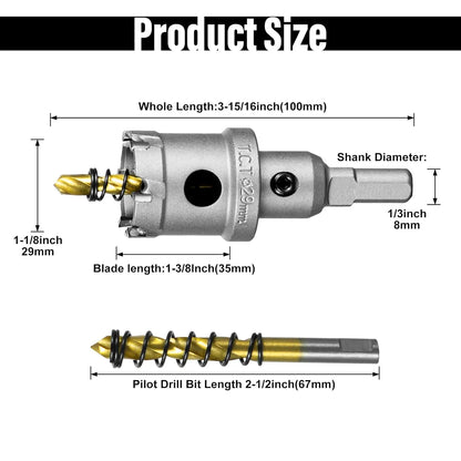 SALI 1-1/8" (29mm) TCT Hole Saw Kit Tungsten Carbide Tipped Hole Saw Drill Bit with Titanium-Plated Pilot Drill bit for Metal, Stainless Steel, Iron, Wood, Plastic
