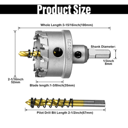 SALI 2-1/16" (52mm) TCT Hole Saw Kit Tungsten Carbide Tipped Hole Saw Drill Bit with Titanium-Plated Pilot Drill bit for Metal, Stainless Steel, Iron, Wood, Plastic