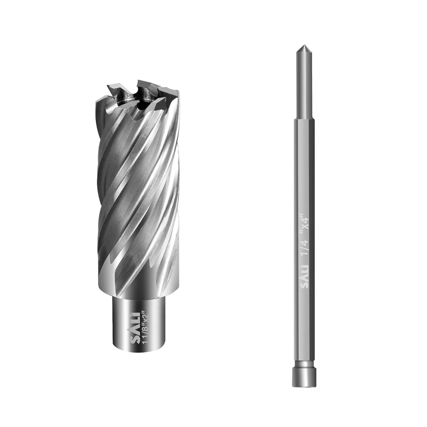 SALI Annular Cutter Diameter 1-1/8 Inch with Weldon Shank 3/4" (with 2 Flats) Cutting Depth 2" Mag Drill Bit for Magnetic Drill Press HSS Fully Ground Drill with One 1/4"*4" Pilot Pin