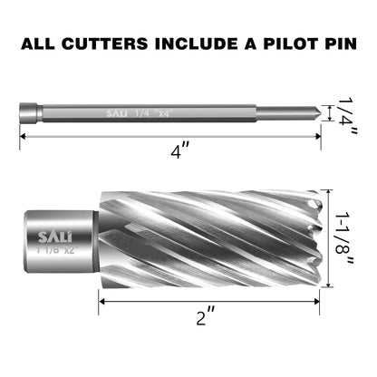 SALI Annular Cutter Diameter 1-1/8 Inch with Weldon Shank 3/4" (with 2 Flats) Cutting Depth 2" Mag Drill Bit for Magnetic Drill Press HSS Fully Ground Drill with One 1/4"*4" Pilot Pin