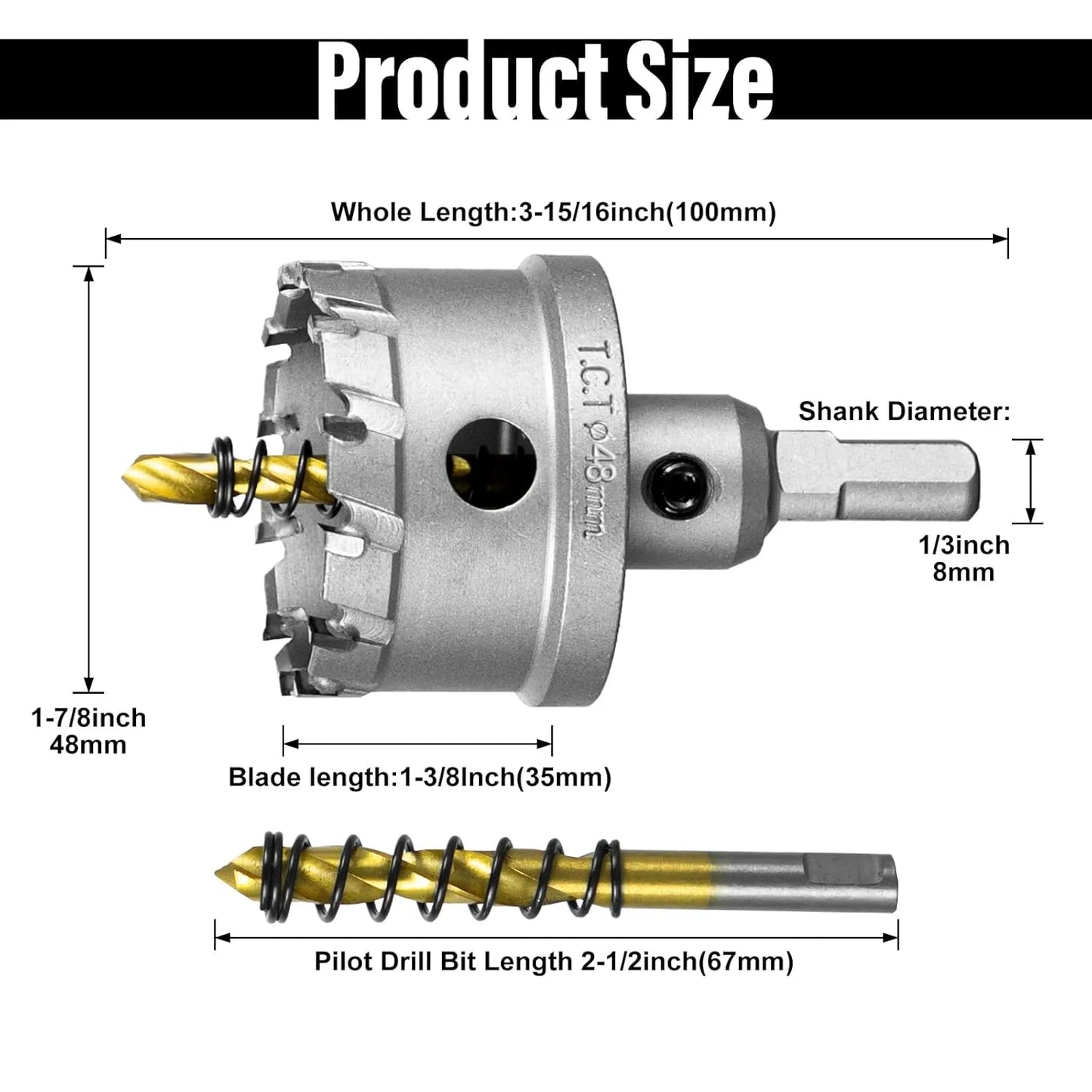 SALI 1-7/8" (48mm) TCT Hole Saw Kit Tungsten Carbide Tipped Hole Saw Drill Bit with Titanium-Plated Pilot Drill bit for Metal, Stainless Steel, Iron, Wood, Plastic