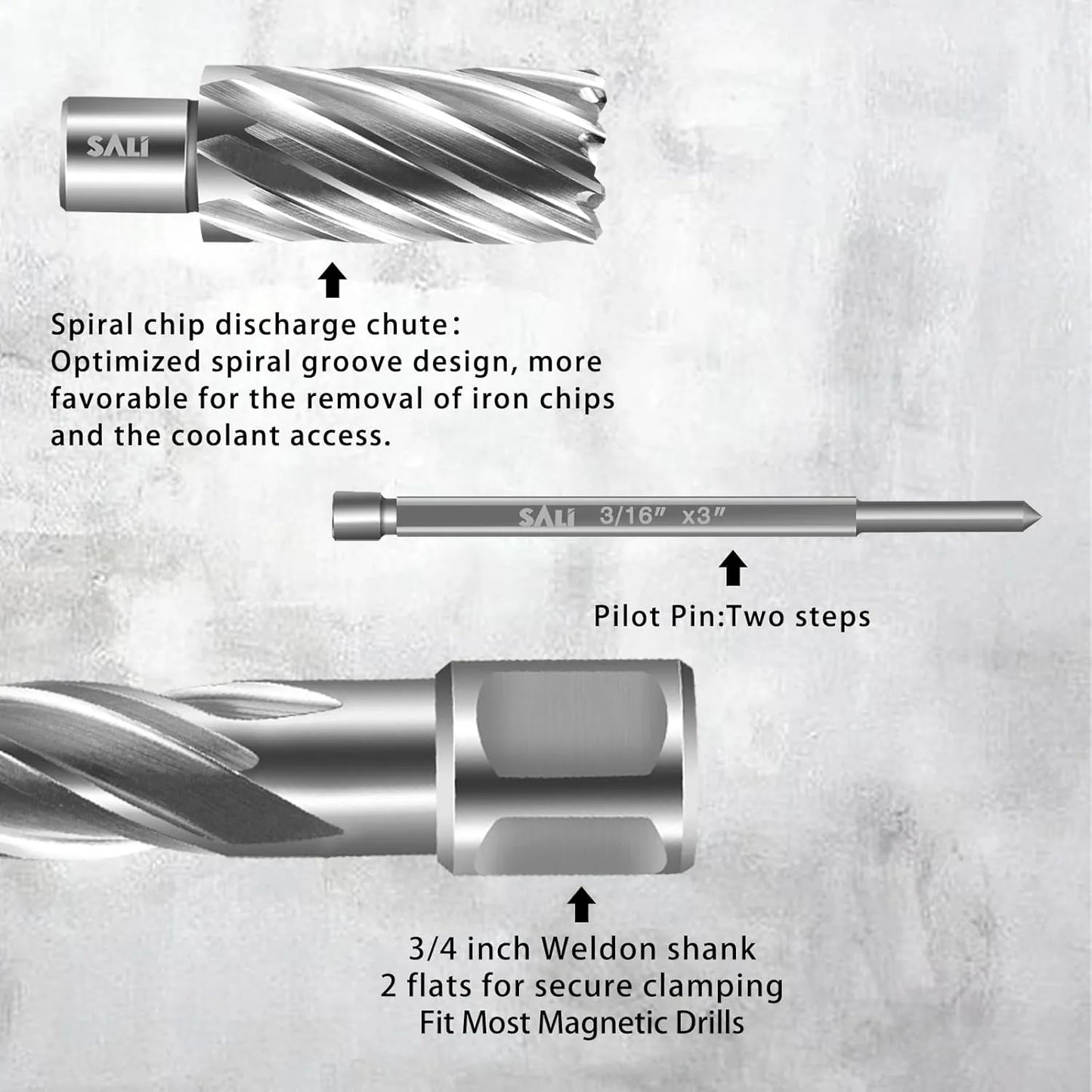 SALI Annular Cutter Diameter 7/16 Inch with Weldon Shank 3/4"(with 2 Flats) Cutting Depth 1" Mag Drill Bit for Magnetic Drill Press HSS Fully Ground Drill with One 3/16"*3" Pilot Pin