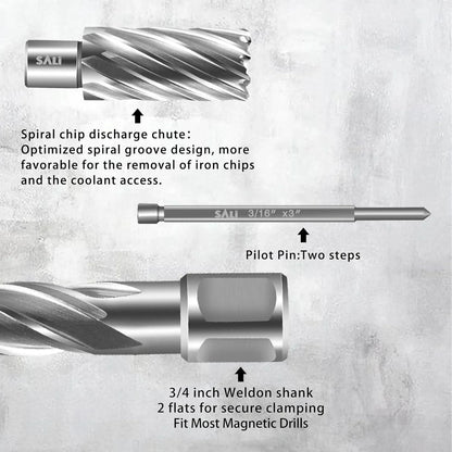 SALI Annular Cutter Diameter 7/16 Inch with Weldon Shank 3/4"(with 2 Flats) Cutting Depth 1" Mag Drill Bit for Magnetic Drill Press HSS Fully Ground Drill with One 3/16"*3" Pilot Pin