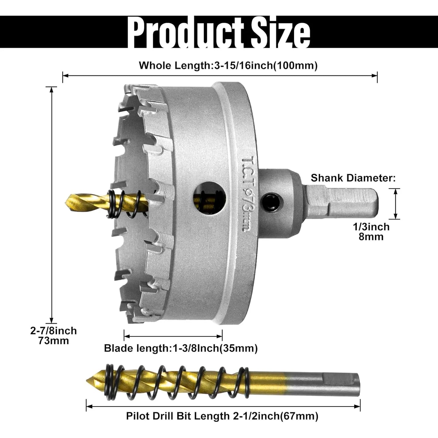 SALI 2-7/8"(73mm) TCT Hole Saw Kit Tungsten Carbide Tipped Hole Saw Drill Bit with Titanium-Plated Pilot Drill bit for Metal, Stainless Steel, Iron, Plastic