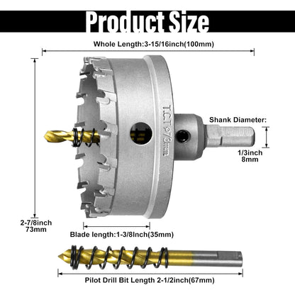 SALI 2-7/8"(73mm) TCT Hole Saw Kit Tungsten Carbide Tipped Hole Saw Drill Bit with Titanium-Plated Pilot Drill bit for Metal, Stainless Steel, Iron, Plastic