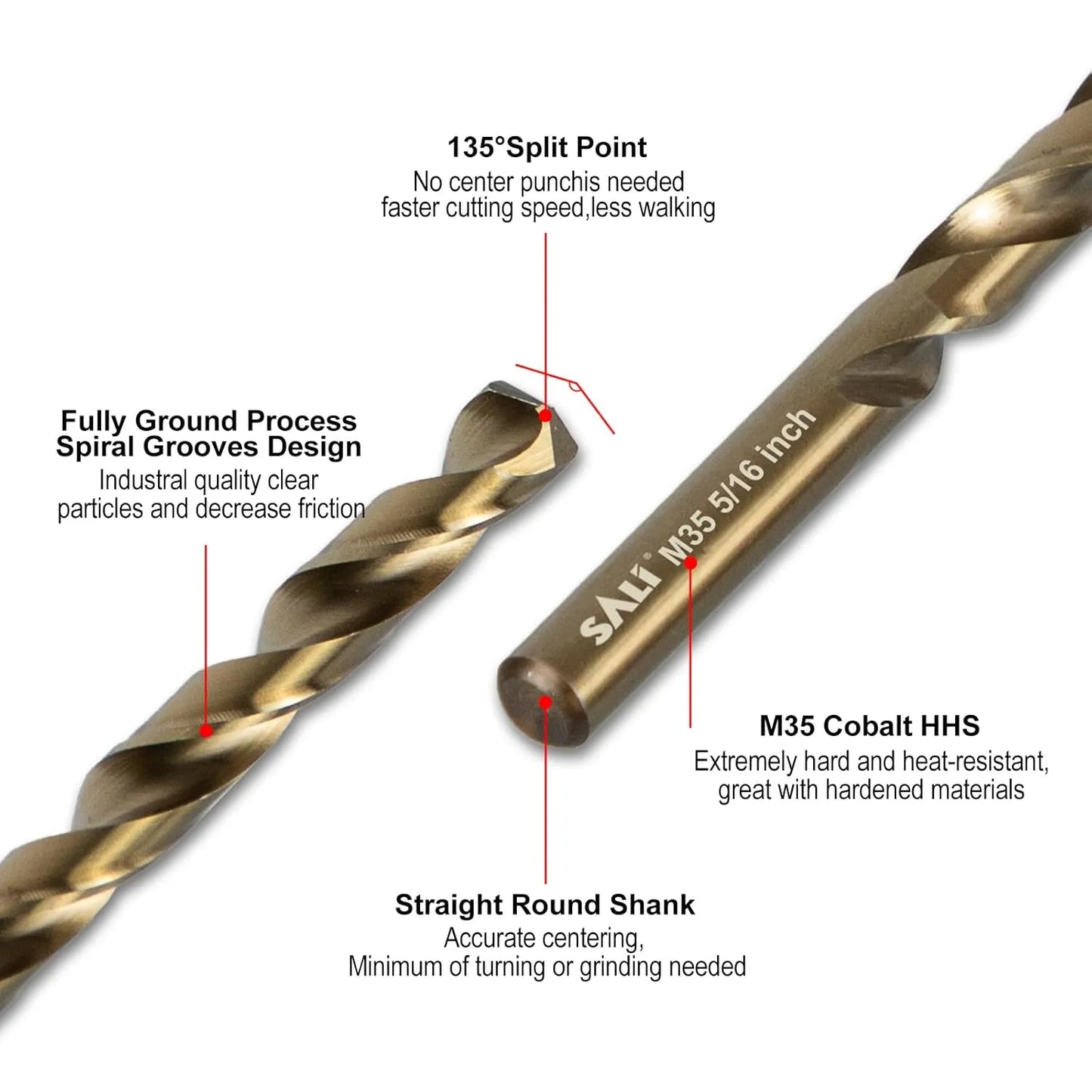 SALI Cobalt Drill Bit Set, 10Pcs 5/16" M35 High Speed Steel Jobber Length Drill Bit Kit for Hardened Metal, Stainless Steel, Cast Iron, Wood and Plastic, with Index Storage Case