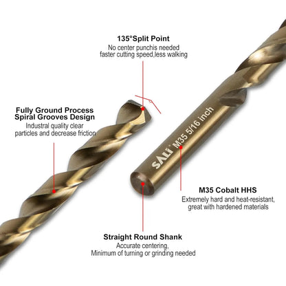 SALI Cobalt Drill Bit Set, 10Pcs 5/16" M35 High Speed Steel Jobber Length Drill Bit Kit for Hardened Metal, Stainless Steel, Cast Iron, Wood and Plastic, with Index Storage Case