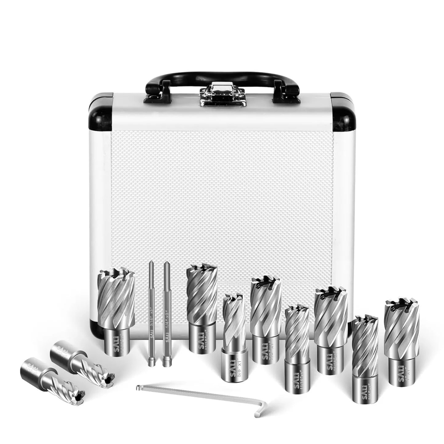 SALI Annular Cutter Set 13 pcs, Weldon Shank 3/4”, Cutting Depth 1”, Outside Diameter 1/2 to 1-1/16 Inch, Mag Drill Bits Kit for Magnetic Drill Press HSS Fully Ground Drill with Two Pilot Pins and One