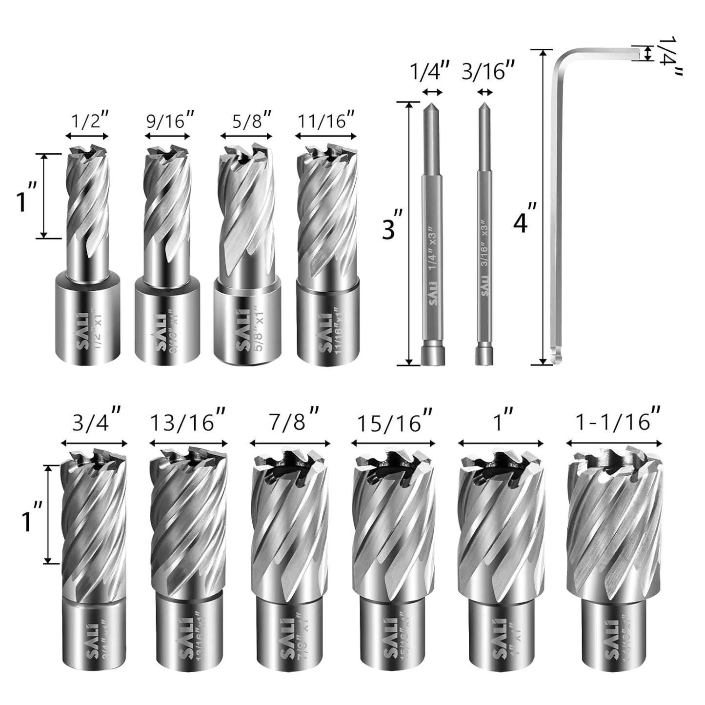 SALI Annular Cutter Set 13 pcs, Weldon Shank 3/4”, Cutting Depth 1”, Outside Diameter 1/2 to 1-1/16 Inch, Mag Drill Bits Kit for Magnetic Drill Press HSS Fully Ground Drill with Two Pilot Pins and One