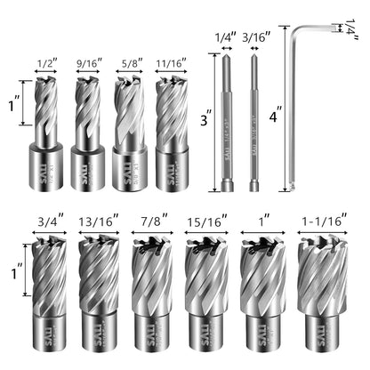 SALI Annular Cutter Set 13 pcs, Weldon Shank 3/4”, Cutting Depth 1”, Outside Diameter 1/2 to 1-1/16 Inch, Mag Drill Bits Kit for Magnetic Drill Press HSS Fully Ground Drill with Two Pilot Pins and One