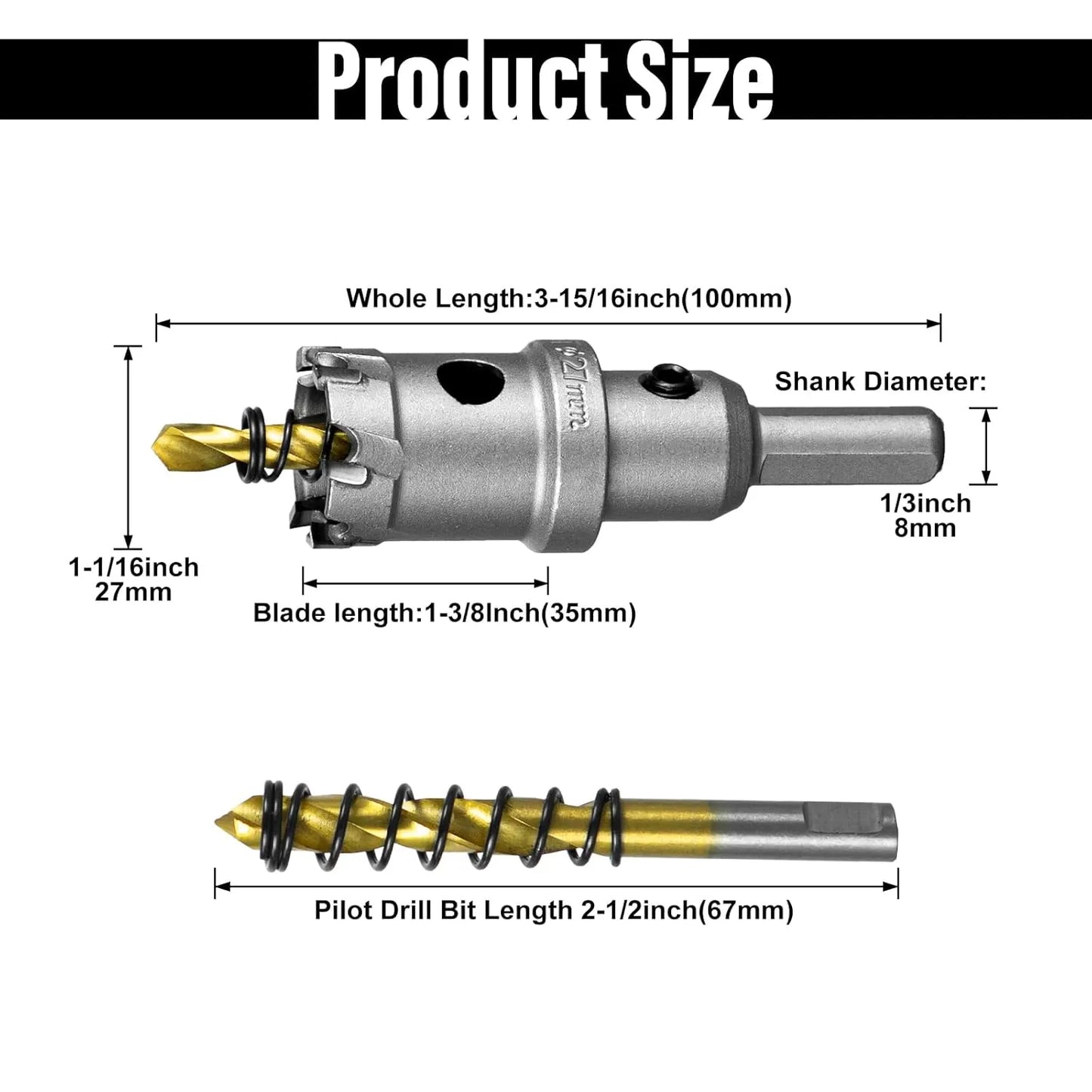 SALI 1-1/16" (27mm) TCT Hole Saw Kit Tungsten Carbide Tipped Hole Saw Drill Bit with Titanium-Plated Pilot Drill bit for Metal, Stainless Steel, Iron, Wood, Plastic