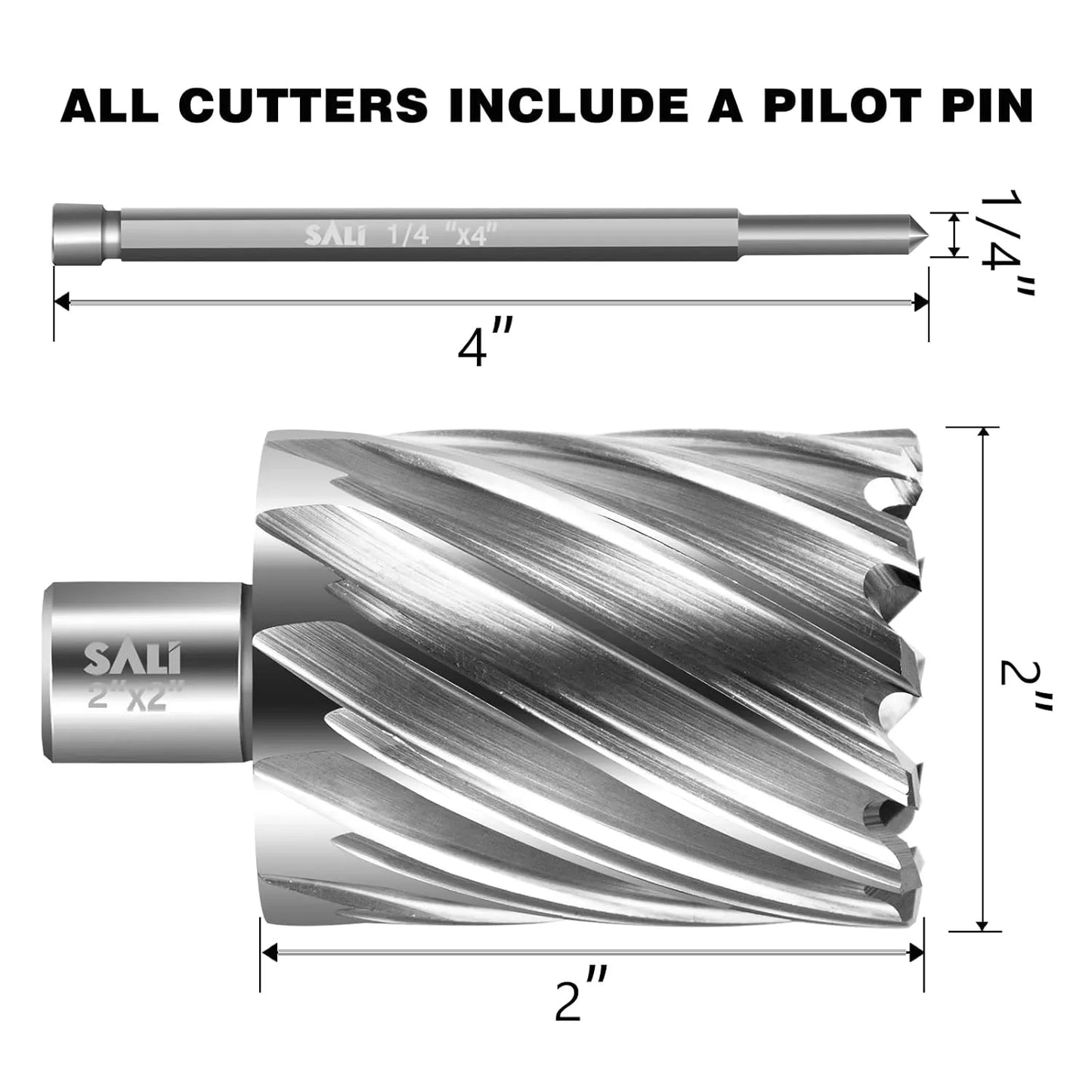 SALI Annular Cutter Diameter 2 Inch with Weldon Shank 3/4" (with 2 Flats) Cutting Depth 2" Mag Drill Bit for Magnetic Drill Press HSS Fully Ground Drill with One 1/4"*4" Pilot Pin
