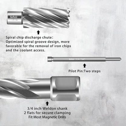 SALI Annular Cutter Diameter 2 Inch with Weldon Shank 3/4" (with 2 Flats) Cutting Depth 2" Mag Drill Bit for Magnetic Drill Press HSS Fully Ground Drill with One 1/4"*4" Pilot Pin