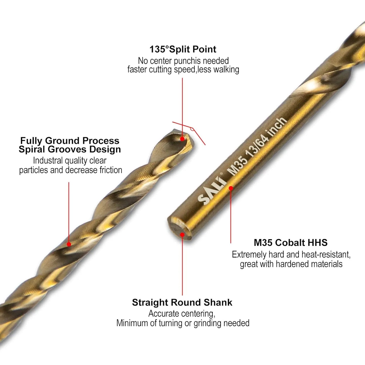 SALI Cobalt Drill Bit Set, 10Pcs 13/64" M35 High Speed Steel Jobber Length Drill Bit Kit for Hardened Metal, Stainless Steel, Cast Iron, Wood and Plastic, with Index Storage Case
