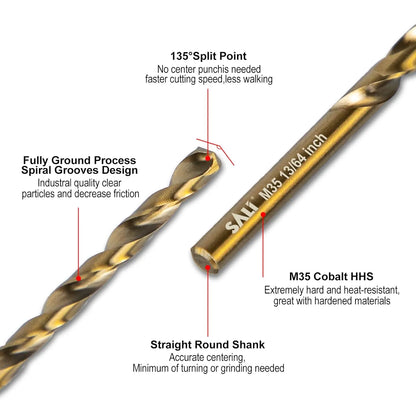 SALI Cobalt Drill Bit Set, 10Pcs 13/64" M35 High Speed Steel Jobber Length Drill Bit Kit for Hardened Metal, Stainless Steel, Cast Iron, Wood and Plastic, with Index Storage Case
