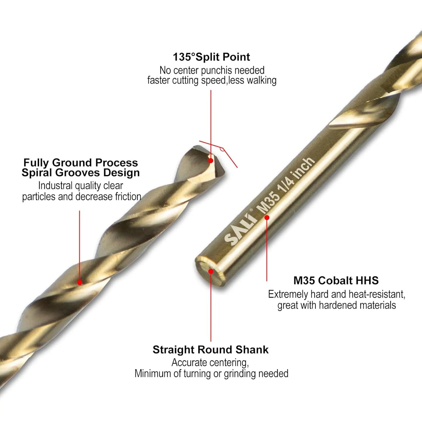 SALI Cobalt Drill Bit Set, 10Pcs 1/4" M35 High Speed Steel Jobber Length Drill Bit Kit for Hardened Metal, Stainless Steel, Cast Iron, Wood and Plastic, with Index Storage Case