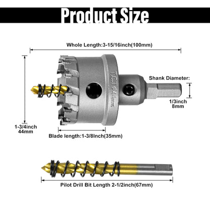 SALI 1-3/4" (44mm) TCT Hole Saw Kit Tungsten Carbide Tipped Hole Saw Drill Bit with Titanium-Plated Pilot Drill bit for Metal, Stainless Steel, Iron, Wood, Plastic