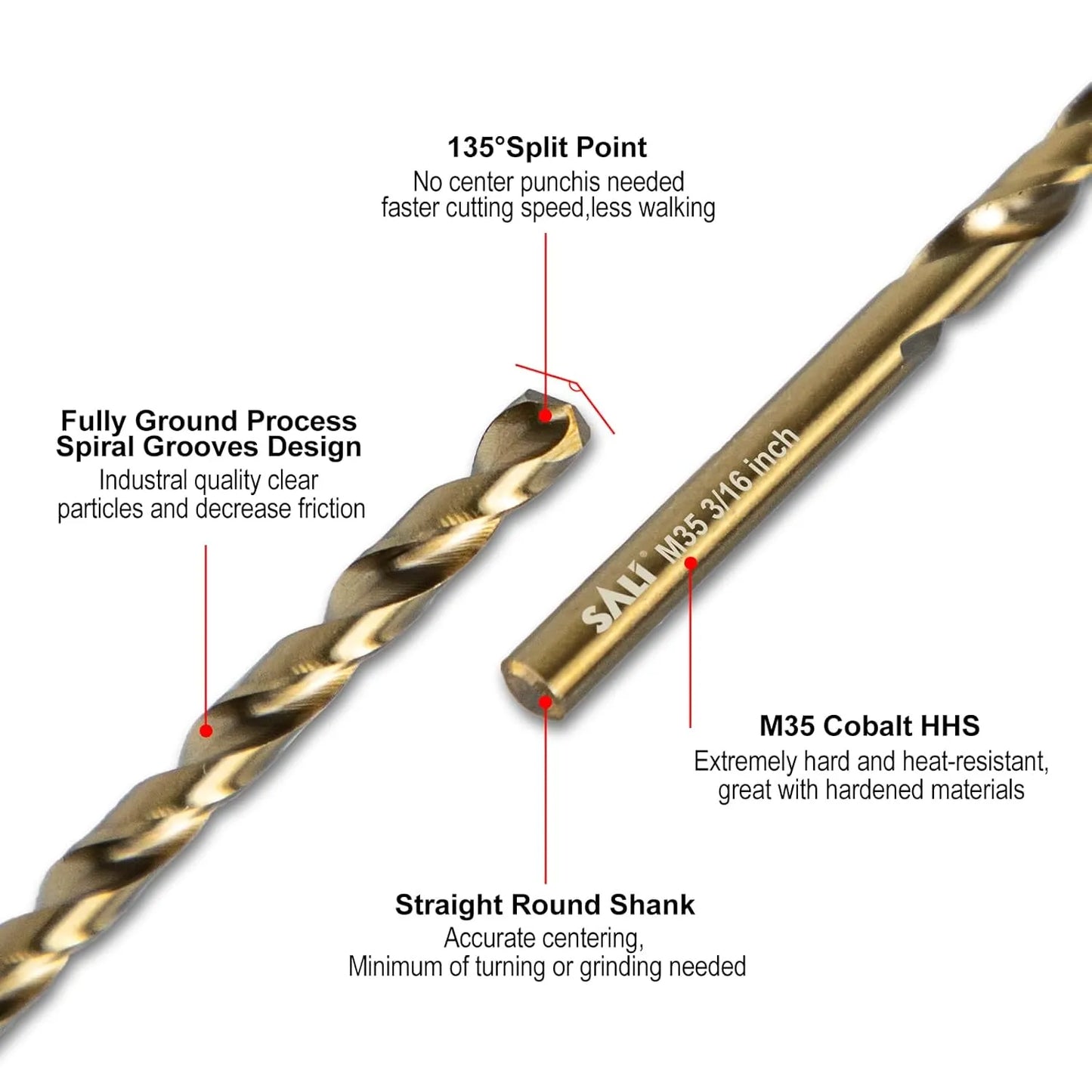 SALI Cobalt Drill Bit Set, 10Pcs 3/16" M35 High Speed Steel Jobber Length Drill Bit Kit for Hardened Metal, Stainless Steel, Cast Iron, Wood and Plastic, with Index Storage Case