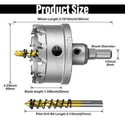 SALI 2-3/8" (60mm) TCT Hole Saw Kit Tungsten Carbide Tipped Hole Saw Drill Bit with Titanium-Plated Pilot Drill bit for Metal, Stainless Steel, Iron, Plastic