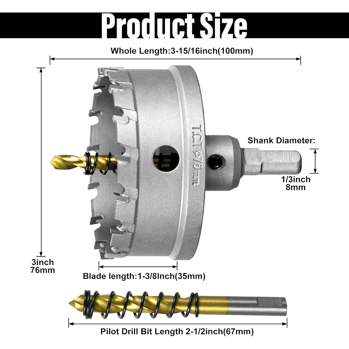SALI 3"(76mm) TCT Hole Saw Kit Tungsten Carbide Tipped Hole Saw Drill Bit with Titanium-Plated Pilot Drill bit for Metal, Stainless Steel, Iron, Plastic