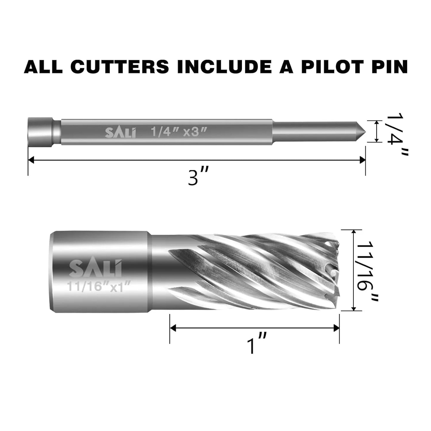 SALI Annular Cutter Diameter 11/16 Inch with Weldon Shank 3/4" (with 2 Flats) Cutting Depth 1" Mag Drill Bit for Magnetic Drill Press HSS Fully Ground Drill with One 1/4"*3" Pilot Pin