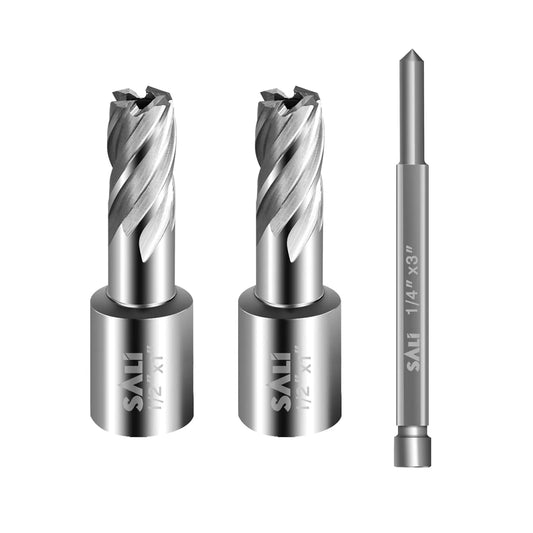 SALI 2 pcs Annular Cutter Diameter 1/2 Inch with Weldon Shank 3/4" (with 2 Flats) Cutting Depth 1" Mag Drill Bit for Magnetic Drill Press HSS Fully Ground Drill with One 1/4"*3" Pilot Pin