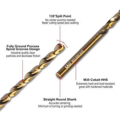 SALI Cobalt Drill Bit Set, 10Pcs 9/64" M35 High Speed Steel Jobber Length Drill Bit Kit for Hardened Metal, Stainless Steel, Cast Iron, Wood and Plastic, with Index Storage Case