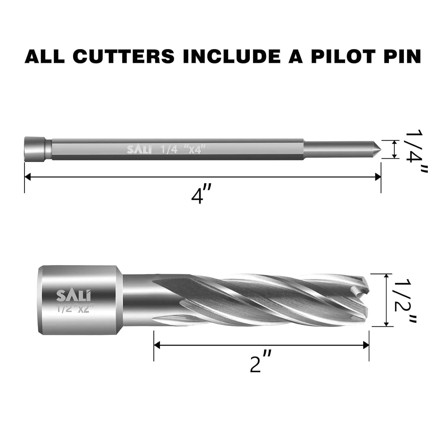 SALI Annular Cutter Diameter 1/2 Inch with Weldon Shank 3/4" (with 2 Flats) Cutting Depth 2" Mag Drill Bit for Magnetic Drill Press HSS Fully Ground Drill with One 1/4"*4" Pilot Pin