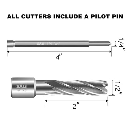 SALI Annular Cutter Diameter 1/2 Inch with Weldon Shank 3/4" (with 2 Flats) Cutting Depth 2" Mag Drill Bit for Magnetic Drill Press HSS Fully Ground Drill with One 1/4"*4" Pilot Pin