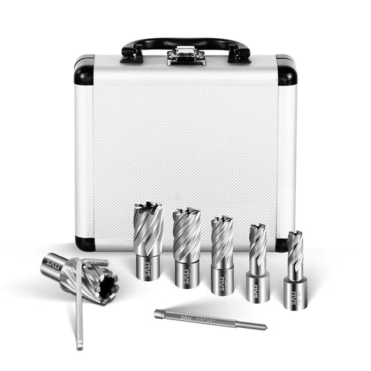 SALI Annular Cutter Set 6 pcs, Weldon Shank 3/4”, Cutting Depth 1”, Outside Diameter 1/2 to 1-1/16 Inch, Mag Drill Bits Kit for Magnetic Drill Press HSS Fully Ground Drill with 1/4”*3” Pilot Pin and