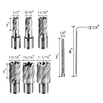 SALI Annular Cutter Set 6 pcs, Weldon Shank 3/4”, Cutting Depth 1”, Outside Diameter 1/2 to 1-1/16 Inch, Mag Drill Bits Kit for Magnetic Drill Press HSS Fully Ground Drill with 1/4”*3” Pilot Pin and