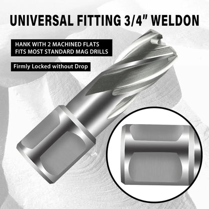 SALI Annular Cutter Set 6 pcs, Weldon Shank 3/4”, Cutting Depth 1”, Outside Diameter 1/2 to 1-1/16 Inch, Mag Drill Bits Kit for Magnetic Drill Press HSS Fully Ground Drill with 1/4”*3” Pilot Pin and