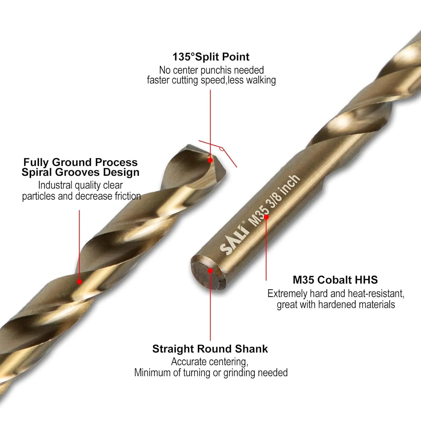 SALI Cobalt Drill Bit Set, 5Pcs 3/8" M35 High Speed Steel Jobber Length Drill Bit Kit for Hardened Metal, Stainless Steel, Cast Iron, Wood and Plastic, with Index Storage Case