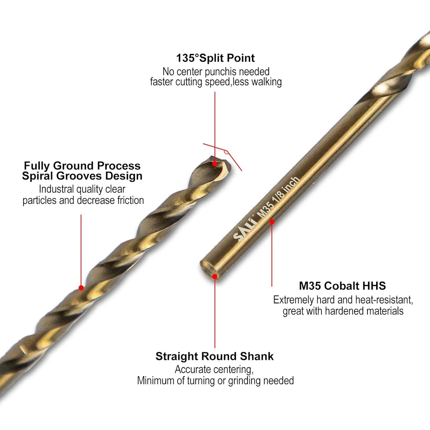 SALI Cobalt Drill Bit Set, 10Pcs 1/8" M35 High Speed Steel Jobber Length Drill Bit Kit for Hardened Metal, Stainless Steel, Cast Iron, Wood and Plastic, with Index Storage Case