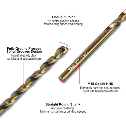 SALI Cobalt Drill Bit Set, 10Pcs 1/8" M35 High Speed Steel Jobber Length Drill Bit Kit for Hardened Metal, Stainless Steel, Cast Iron, Wood and Plastic, with Index Storage Case