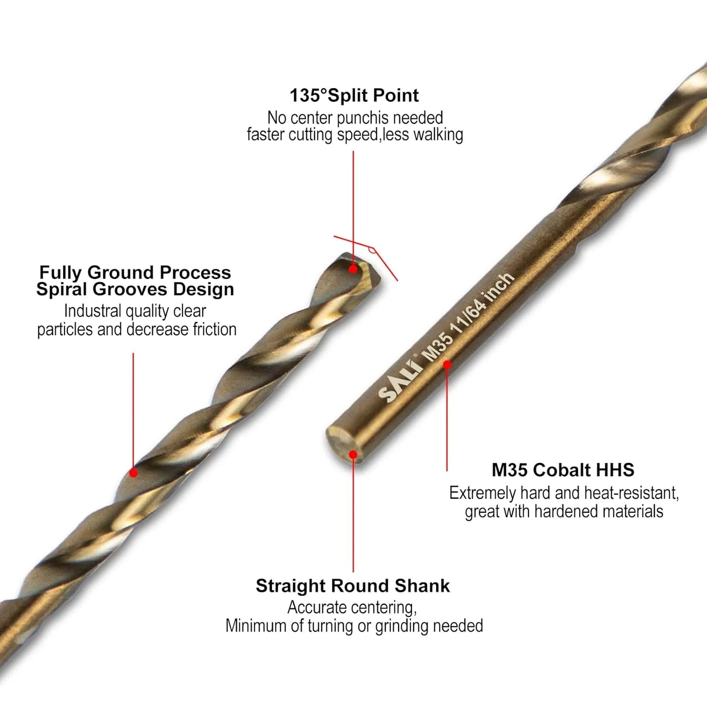 SALI Cobalt Drill Bit Set, 10Pcs 11/64" M35 High Speed Steel Jobber Length Drill Bit Kit for Hardened Metal, Stainless Steel, Cast Iron, Wood and Plastic, with Index Storage Case